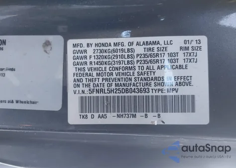 2013 Honda Odyssey Lx from USA, damaged, VIN 5FNRL5H25DB043693